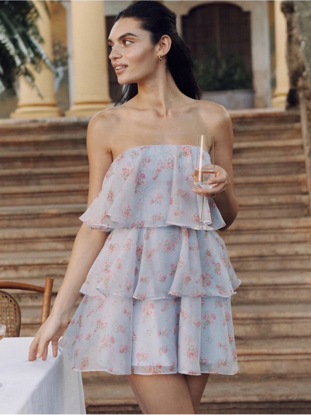 Abercrombie strapless Tiered Mini Dress in Light Blue Floral